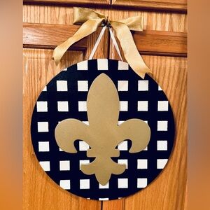 Gold Fleur-de-Lis Black & White Checkered Door Hanger Wall Accent NWT